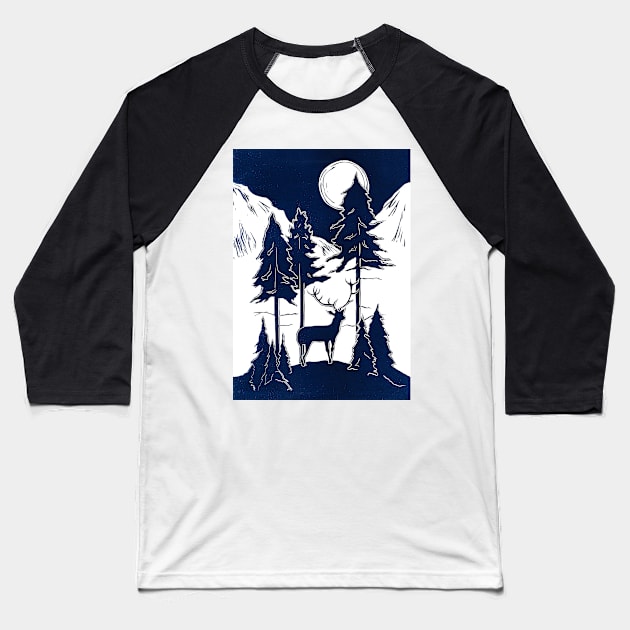 Stag in Moonlit Mountains Linocut Baseball T-Shirt by Maddybennettart